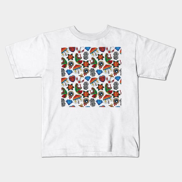 Dice Flower Eye Umbrella Snake Pattern Kids T-Shirt by Mako Design 